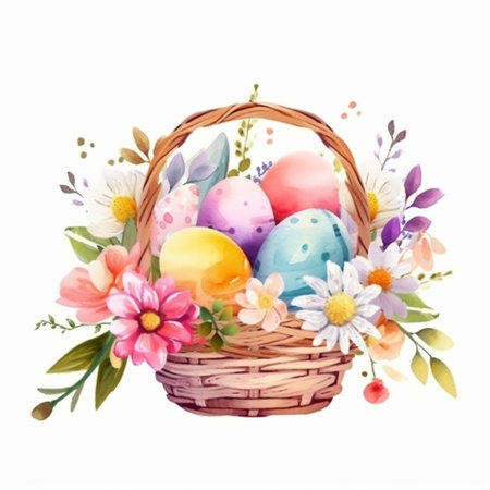 Colorful painted Easter eggs and flowers in wicker basket on white background. Illustration generated AI. Generative AIの素材