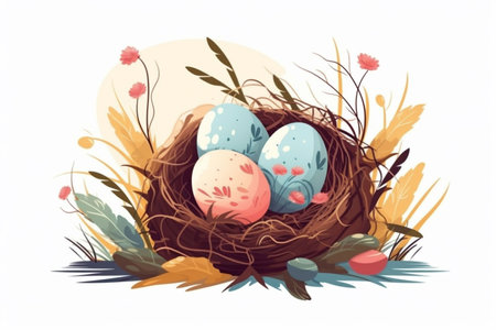 Colorful painted Easter eggs and flowers in nest on white background. Illustration generated AI. Generative AIの素材