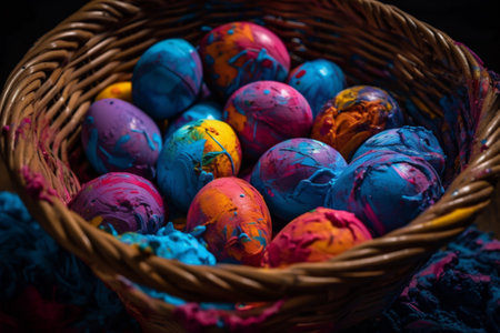 Colorful painted Easter eggs in wicker basket on dark background. All around is splattered with paint. Illustration generated ai as easter concept. Generative AIの素材
