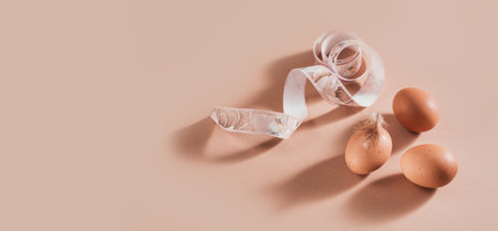 Easter background with natural color eggs and brown feathers on beige background. Free space for textの写真素材