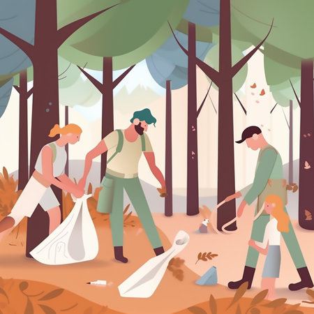 Positive family volunteers with children picking up trash outdoors. Recycling concept. Generative AIの素材