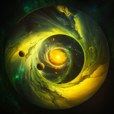 Fantastic circular space worlds, beautiful wallpapers in yellow and green colors, illustrating cosmic processes, the birth of planets, stars and galaxies. Generative AIの素材