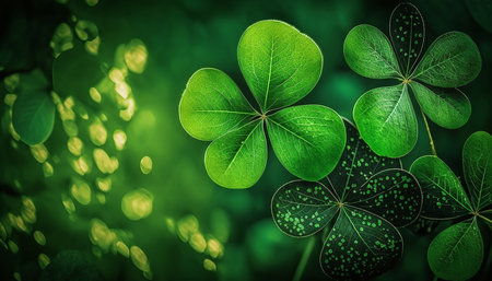 Background with lucky leaf clover for St Patrick's day celebration. green shamrock wallpaper. Generative AIの素材