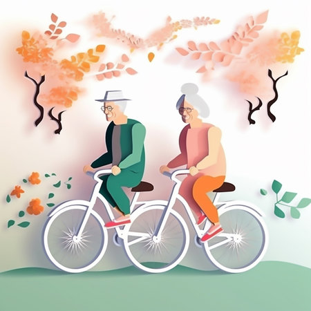 Paper art illustration of two elderly people riding bicycles outdoors. Generative AIの素材