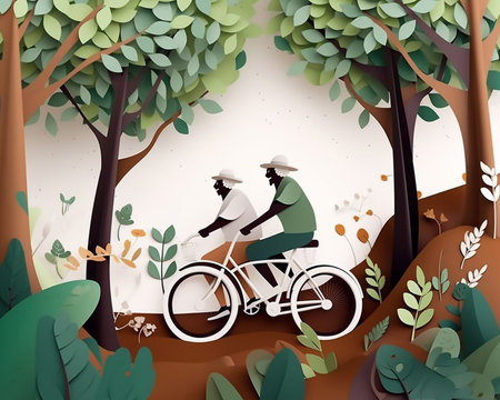 Paper art illustration of two elderly people riding bicycles outdoors. Generative AIの素材