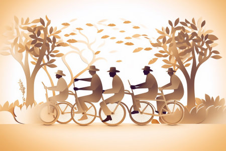Paper art illustration of group of elderly people riding bicycles outdoor. Generative AIの素材