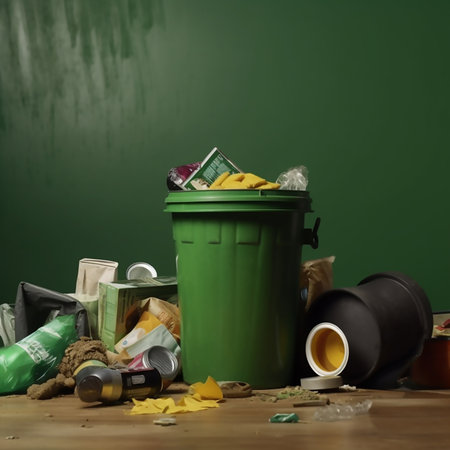 Household garbage in a green trash can. Waste recycling and sorting problems. Generative AIの素材