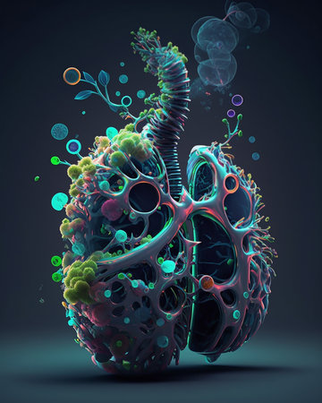 Illustration of lungs of healthy person sprouted with green leaves and trees. Healthy breathing concept. Generative AIの素材