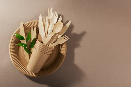 Eco-friendly disposable utensils made of bamboo wood and paperの写真素材