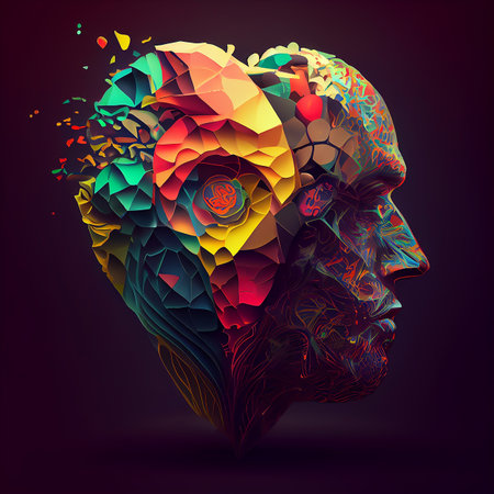 Surreal double exposure profile portrait of man with digital illustration elements. Generative AIの素材