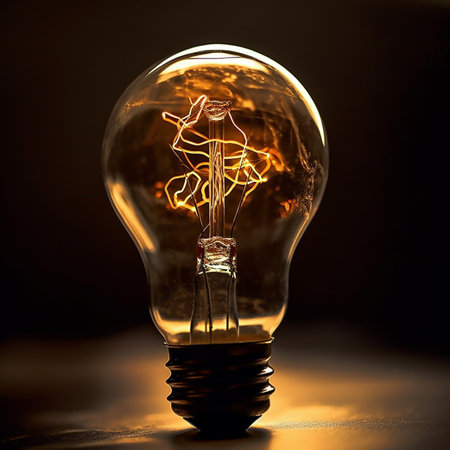 Decorative light bulb lamps with yellow glowing on dark background. Generative AIの素材