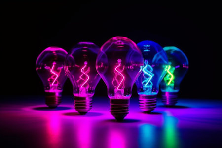 Group of colorful glowing light bulb lamps on black background, neon blue, green and pink colors, generative aiの素材
