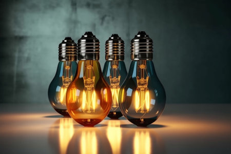 Four colorful glowing light bulbs on blurred loft background, generative aiの素材