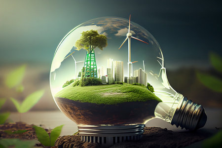 Lightbulb Symbolizing Renewable Sources and Sustainable wind energy. Green Energy concept with wind turbines inside light bulb. Generative AI.の素材