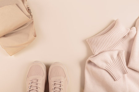 Flat lay with collection of autumn womens accessoriesの写真素材