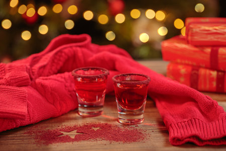 Cranberry vodka shot and Christmas decorationsの写真素材