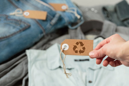 Womans hand holding craft paper tag with recycling symbolの写真素材