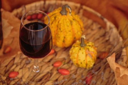 Glass of red wine on wooden table with pumpkins and dried leavesの写真素材