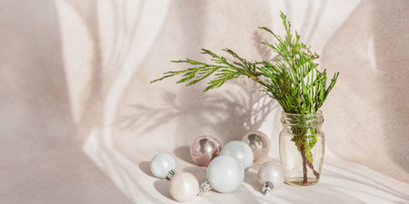 Minimalist Christmas decor with Cypress branchesの写真素材
