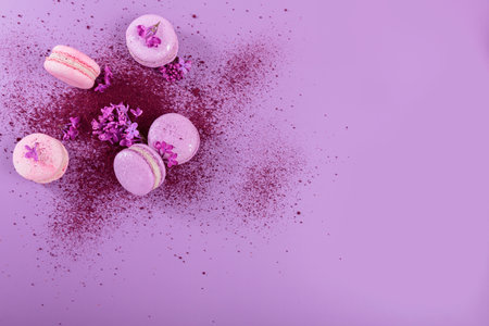 Sweet pastel french macaroons with splash of dry blueberry powderの写真素材
