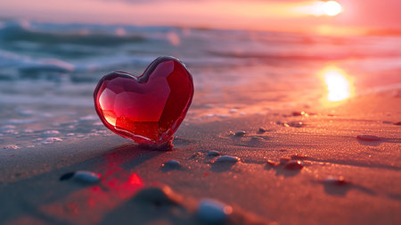 Crystal red heart in sand on seashore at sunsetの素材