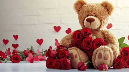 Valentines Day card. Bouquet of red roses and plush toy bearの素材