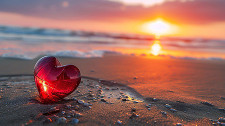 Crystal red heart in sand on seashore at sunsetの素材
