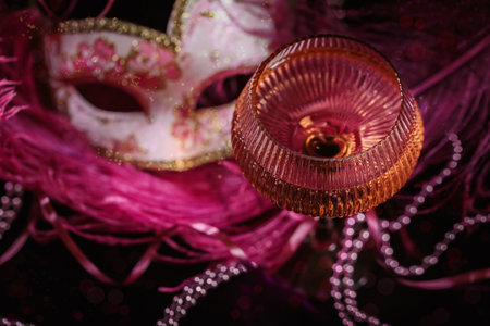 Masquerade ball holiday background with sparkling wineの写真素材