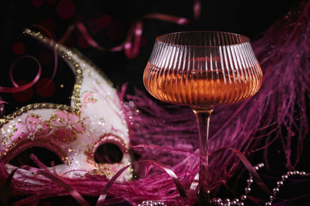 Masquerade ball holiday background with sparkling wineの写真素材