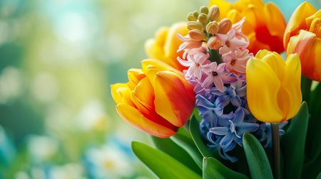 Bouquet of fresh tulips and hyacinths in vase on green color backgroundの素材