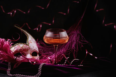 Masquerade ball holiday background with sparkling wineの写真素材