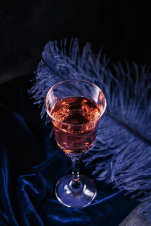 Beautiful glamorous romantic greeting card, wine glass and feather