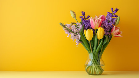 Bouquet of fresh tulips and hyacinths in vase on yellow color backgroundの素材