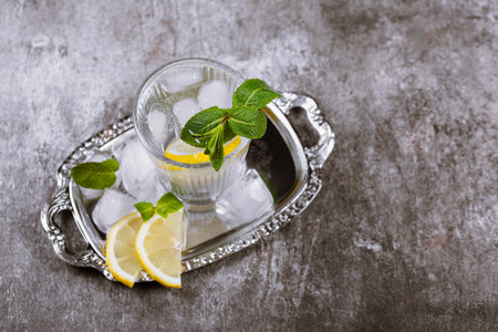 Glass of sparkling water with ice, lemon and mint on silver trayの写真素材