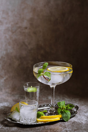 Various glasses on silver tray filled with cold drinks with ice, lemon and mintの写真素材