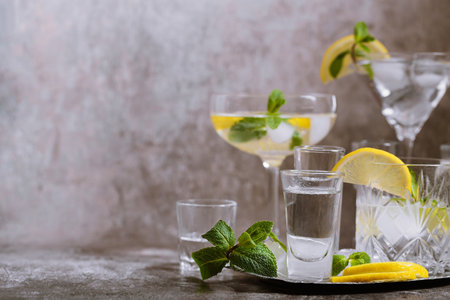 Various glasses on silver tray filled with cold drinks with ice, lemon and mintの写真素材