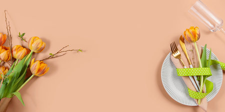 Elegant Dinner Setting with Tulipsの写真素材