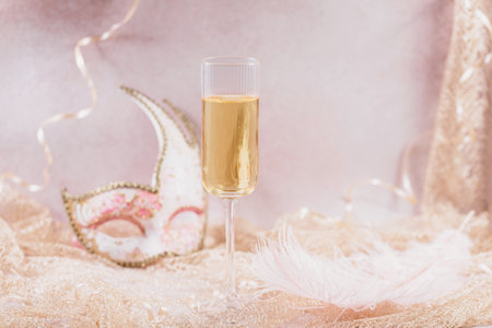 Masquerade ball holiday background with sparkling wineの写真素材