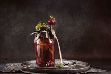 Marinated plums with spices in glass jar on the kitchen tableの写真素材
