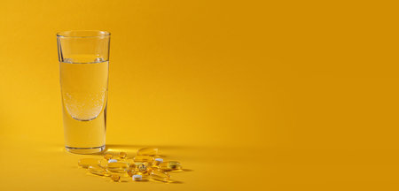 Assorted Oil filled yellow softgels capsules and pillsの写真素材