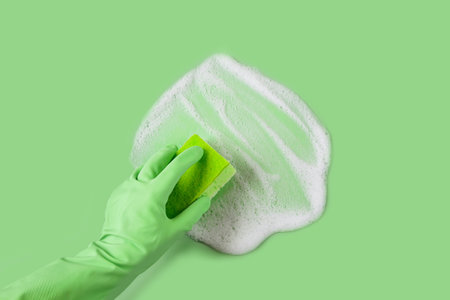 Hand in green rubber glove holding washing spongeの写真素材