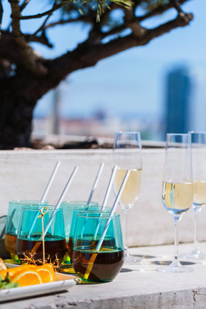 Refreshing Outdoor Drink Setup with Champagne and Fruitの写真素材