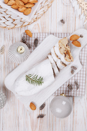 Holiday Table with Stollen Bread and Decorationsの写真素材