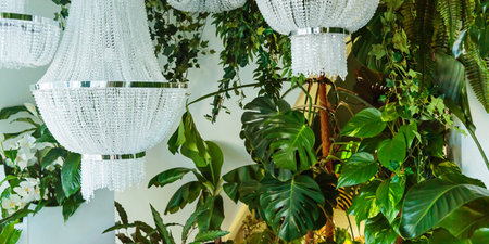 Lush greenery and elegant chandeliers in modern eco-homeの写真素材