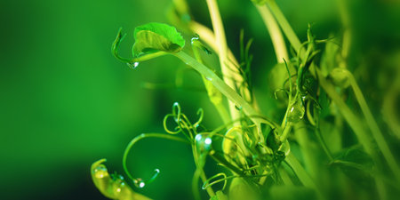 Fresh pea sprouts with morning dew dropsの写真素材