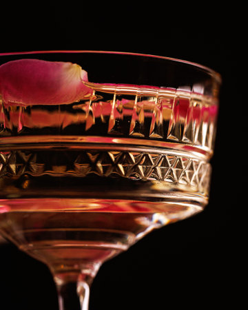 Luxurious drink with floating rose petal in crystal glassの写真素材