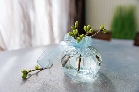 Home decor with spring branches in vase and ribbon..の写真素材