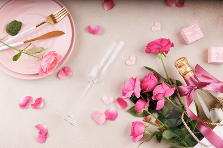 Romantic celebration setup with champagne, roses, and elegant tablewareの写真素材