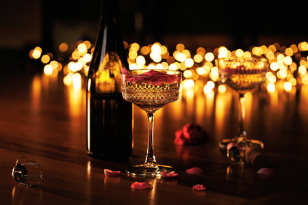 Romantic champagne night with golden lights and rose petalsの写真素材