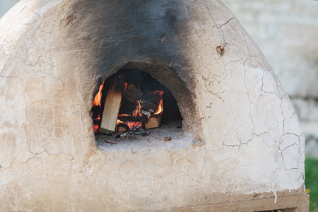 Rustic Wood-Fired Oven Burning Brightly Outdoors